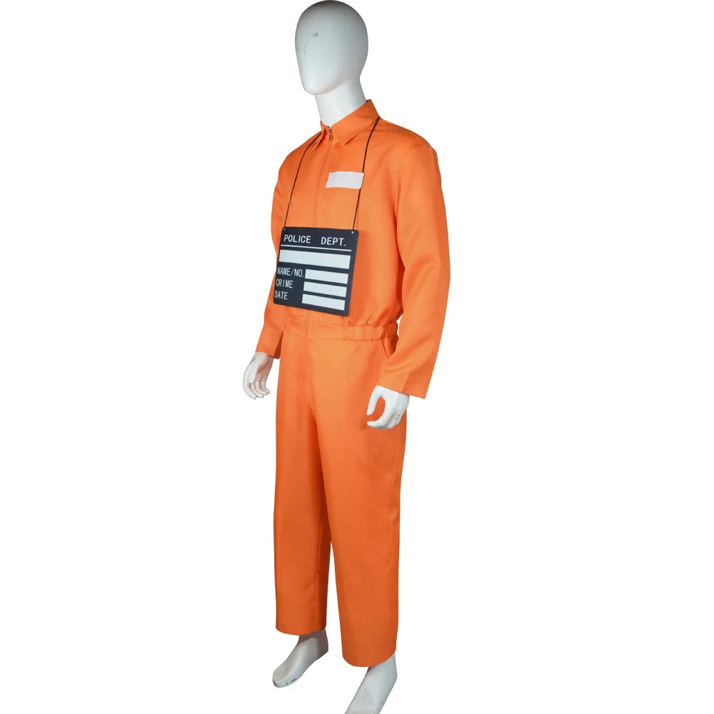 Male Prison Cosplay Costume Long Sleeves Jumpsuit Bodysuit Inmate Orange Set Adult Convict Party Uniform Amusement Outfits