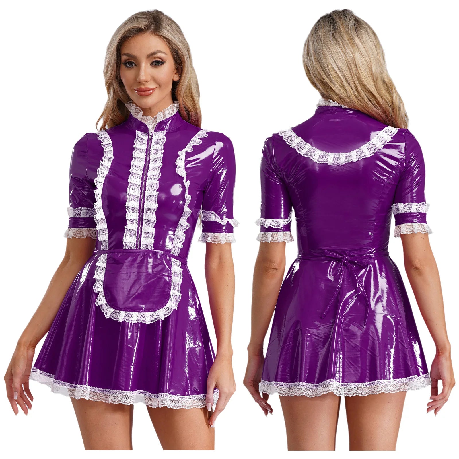 Women PVC Leather A-Line Servants Maid Dress Maid Cosplay Costume Role Play Maid Uniform Temptation Anime Cosplay Party Costume