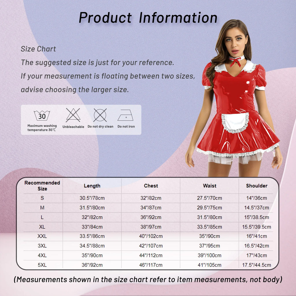 Women's Wetlook PVC Leather Dress Maid Role Play Costume Outfits Mini Dresses with Neck Ring Maid Fancy Dress Cosplay Costumes