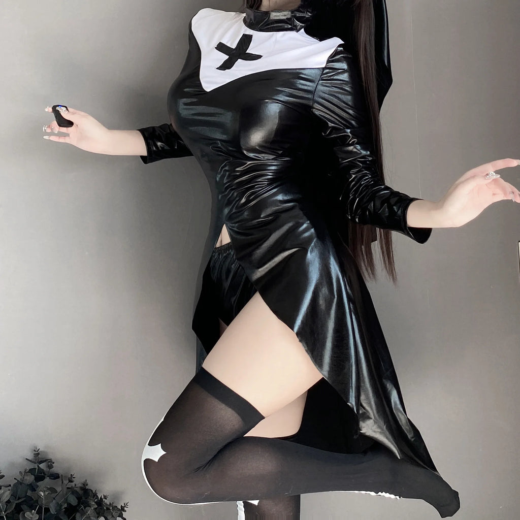 Halloween Costume Sexy Nun Cosplay Tights Vampire Cross Dark Gothic Dress Pu Faux Leather Hollow Out Costume Black White Nun