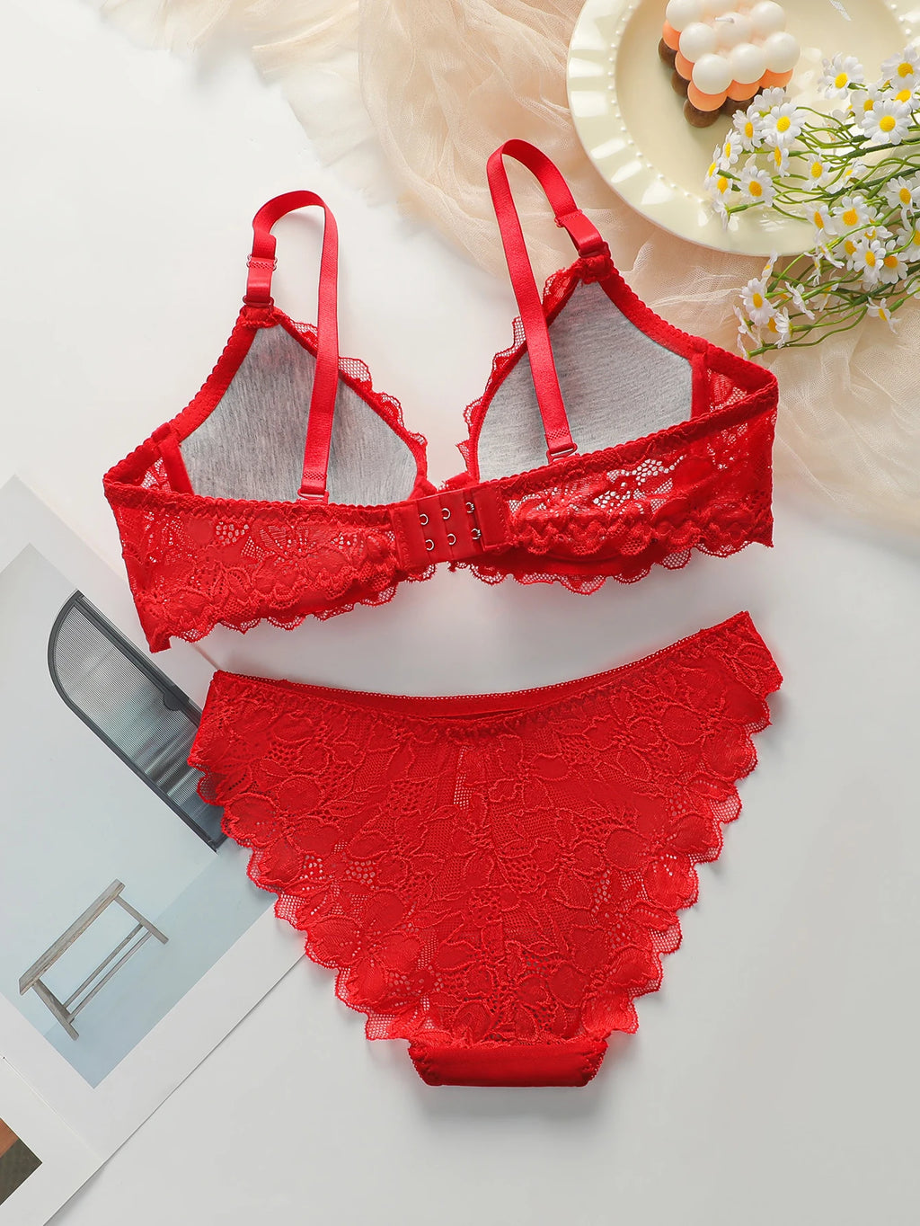 Red Lingerie lace cotton cup 2-piece set sexy and white toned lingerie set women's underwear set J3431