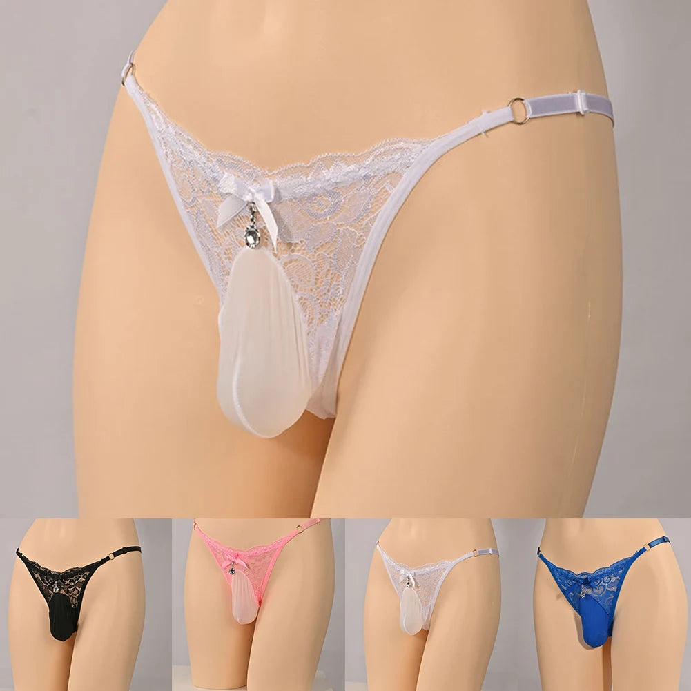 Men Sissy Lingerie Sheer Lace Thong Panties Ball Pouch G-String Low Waist Underpants Waistband Adjustable Briefs Erotic Lingerie
