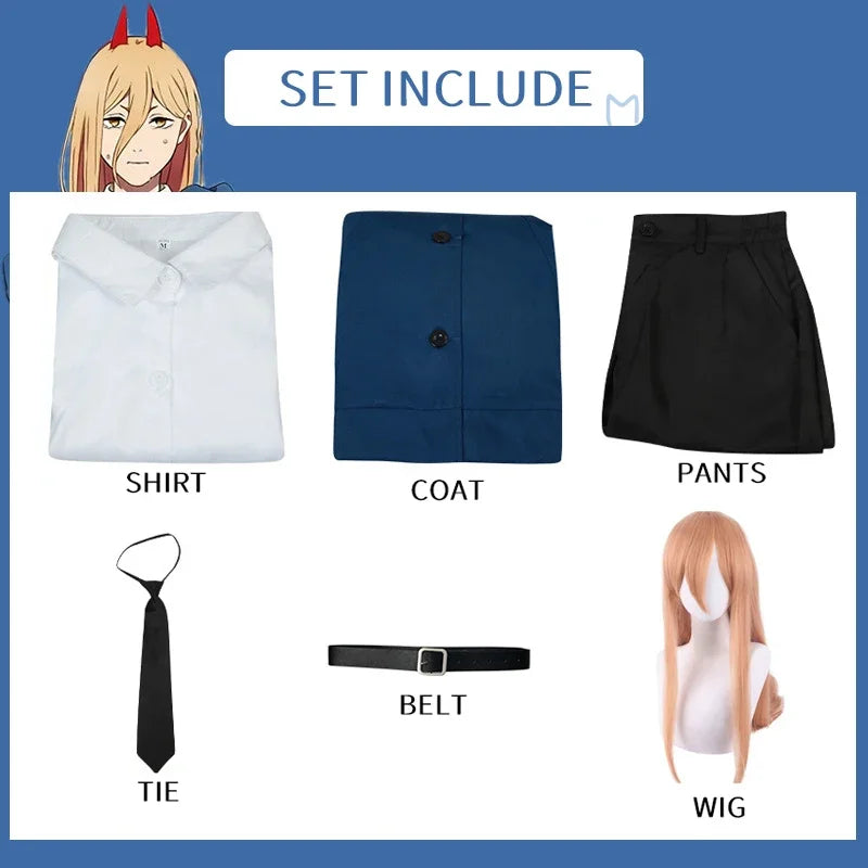 Power Cosplay Costume Chainsaw Man Outfits Blue Suit Shirt Tie Short Neck Ring Wig Women Anime Uniform Halloween