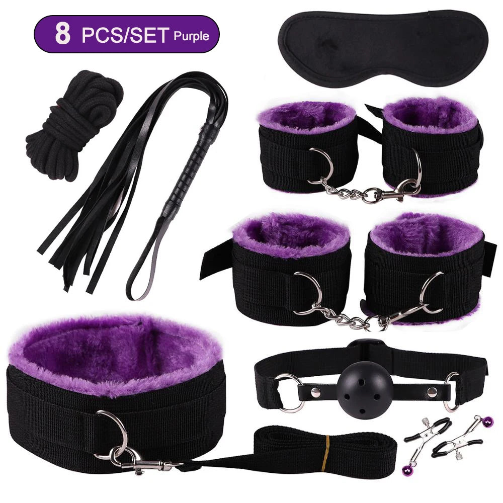 Sex Toys BDSM Bondage Set Erotic Bed Games Handcuffs Ankle Nipple Clamps Whip Spanking Slave Collars Adults Sex Game For Couples