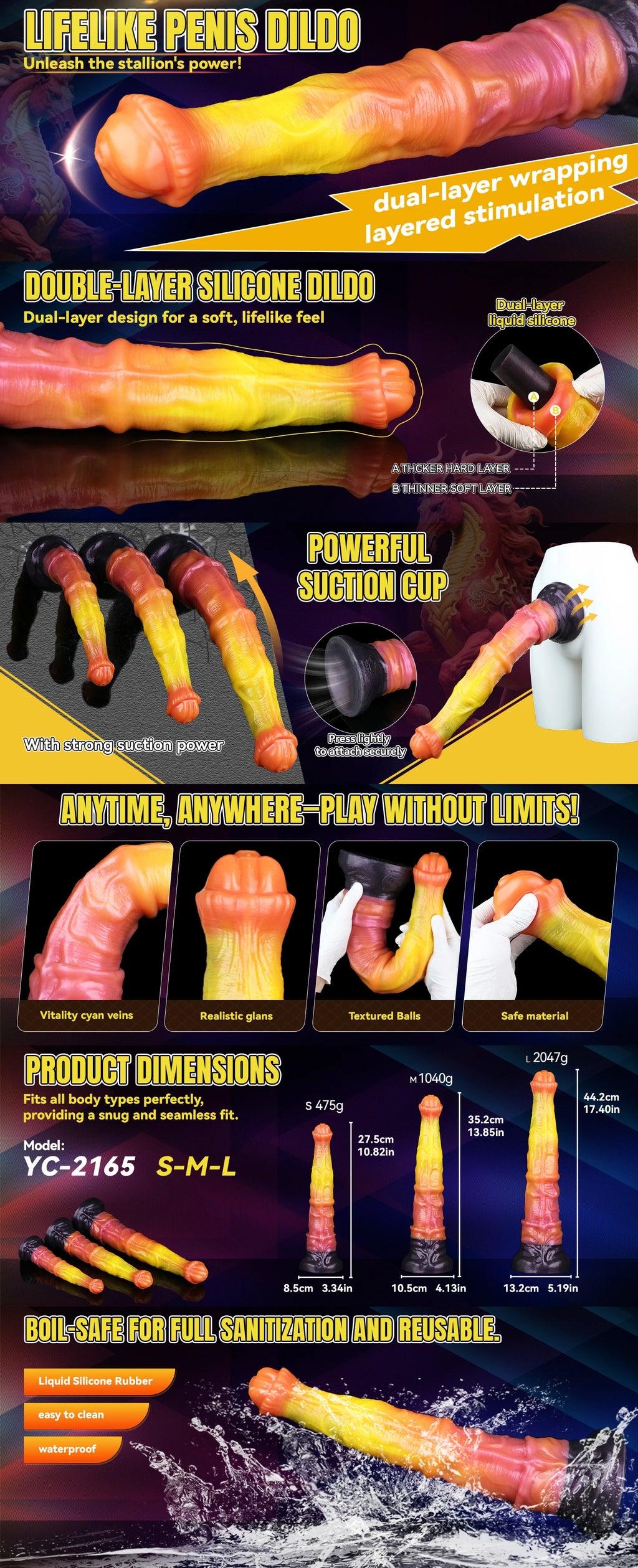 SHAZ Giant Dildo Long Anal Plug Butt Plug Double-Layer Silicone Horse Cock With Strong Suction Cup Sex Toys for adults Women 18+