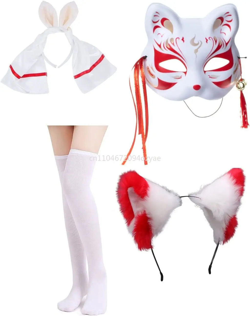 Japanese Anime red and White Kimono Fox Cosplay Costume with Socks