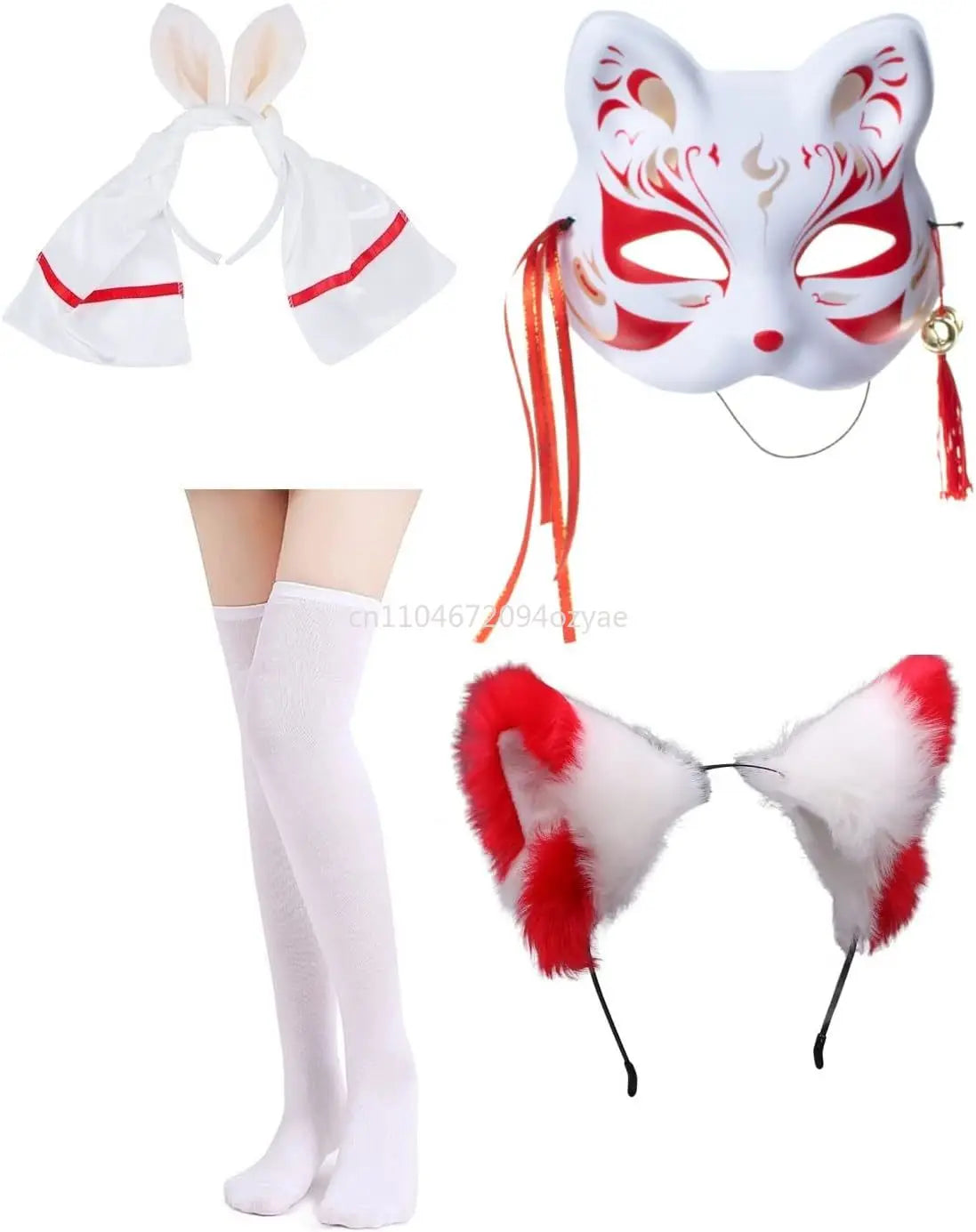 Japanese Anime red and White Kimono Fox Cosplay Costume with Socks