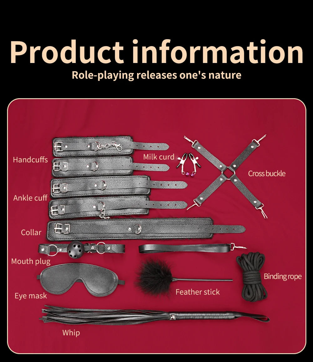 BDSM Bondage Restraint Kit 10 Pieces Drawstrings Collars Eye Masks Mouth Balls Whips Cotton Ropes Nipple Clamps Rope for Couples