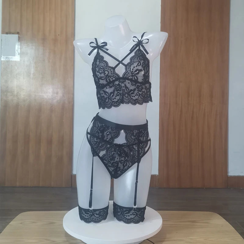 Sexy Erotic Lingerie Women Bra and Panty Garters 3pcs See Through Lingerie Sets Sexy Women's Underwear Set Porn Sexy Lingerie