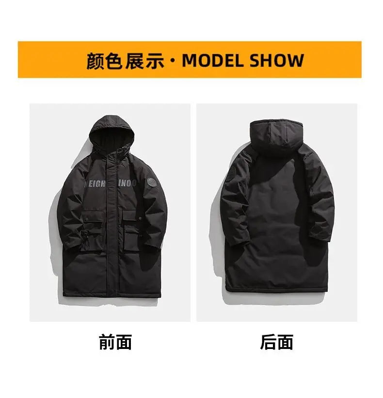 Techwear Down Cotton Jacket Men's Oversize Mid Length Workwear Cold Weather Clothing Winter Pockets Thick Hooded Parkas