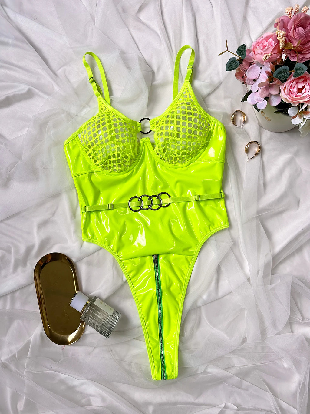 2024 Sexy Erotic Lingerie Set Corset Woman  Leather Bodysuit Zipper Open Crotch Rompers Mesh Sheer Hollow Out Female Underwear