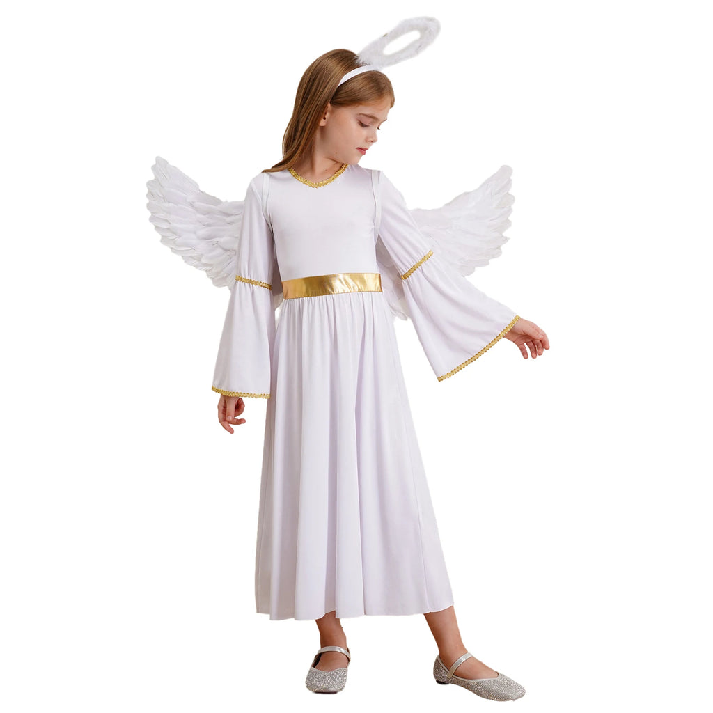 Girls White Angel Costume Halloween Party Long Bell Sleeve Maxi Dress Gown with Wings Set for Performance Church Dress Up