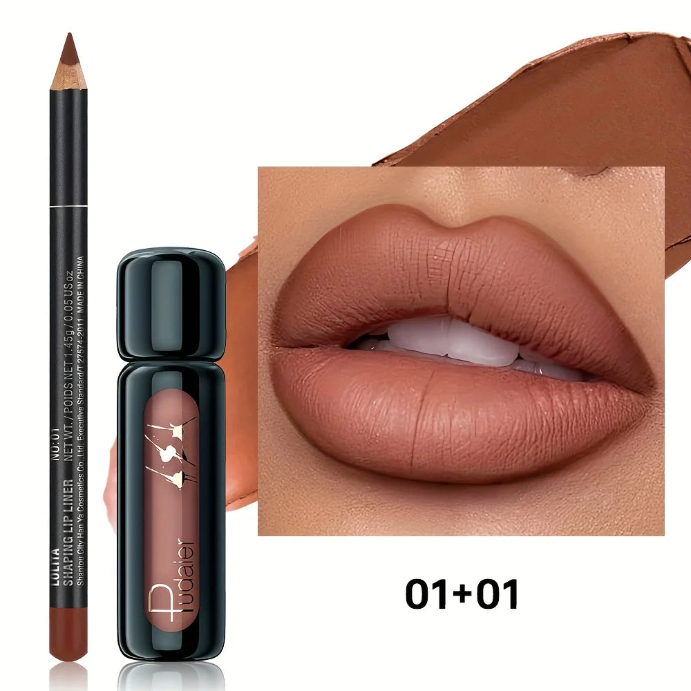 Lip Liner & Lip Mud Set, Matte Waterproof Long Lasting Non-Stick Velvet Lip Makeup, Smooth Lip Kit Gift for Women
