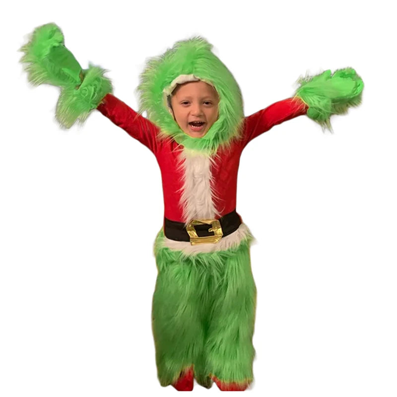 Little Kids Boys Girls Christmas Cosplay Costume Green Furry Monster Hooded Santa Claus Tops Green Fuzzy Pants Set