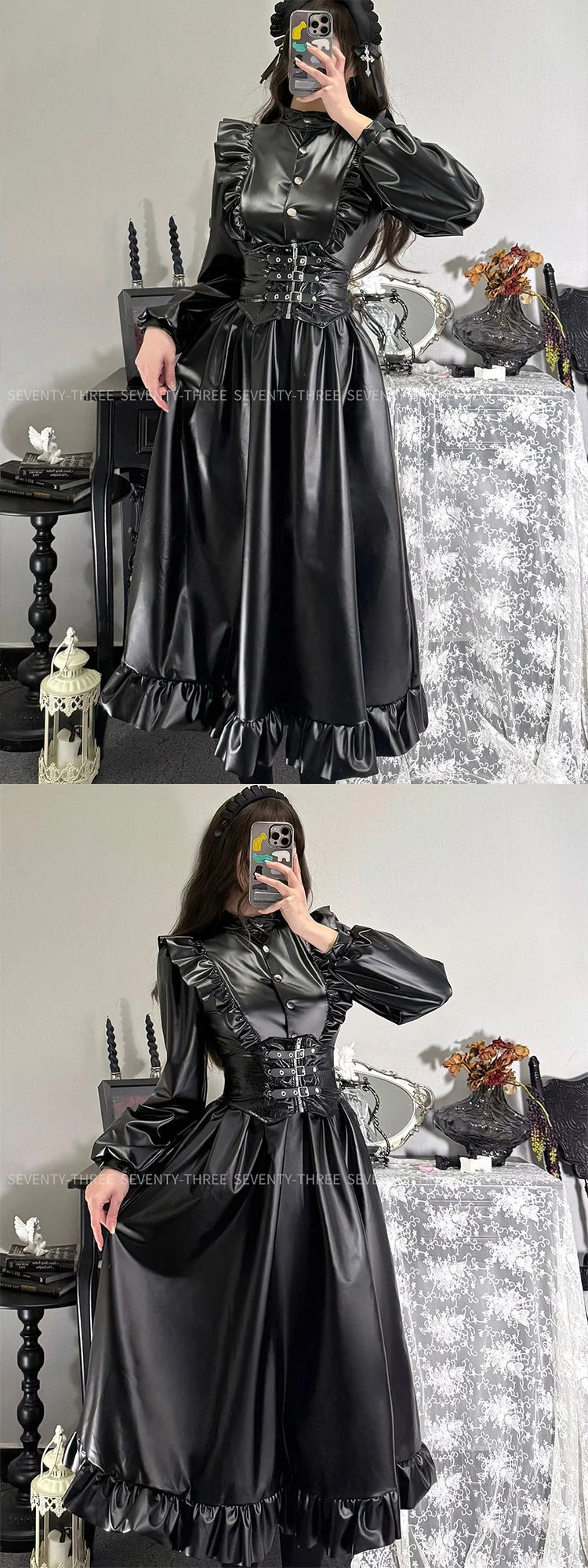 Anime Black Uniform Costume Maid Costume Adult Girl Role Playing Dark Pu Long Skirt Leather Stand Collar Dress Maid Suit