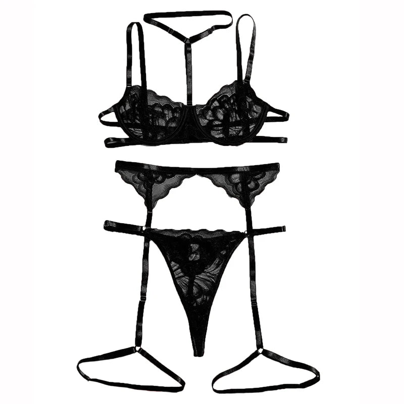 Erotic Lingerie Sets For Women Lace Garters Transparent Bra And Panty Set Female Porno Costumes Deep V Halter Sexy Underwear Set