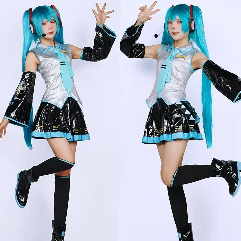 Miku Cosplay Ensemble Complet En Cuir Argenté Tissu Costume Miku Cosplay Chapeaux Costume Tenue JK Robe De Marin Lycée Uniforme