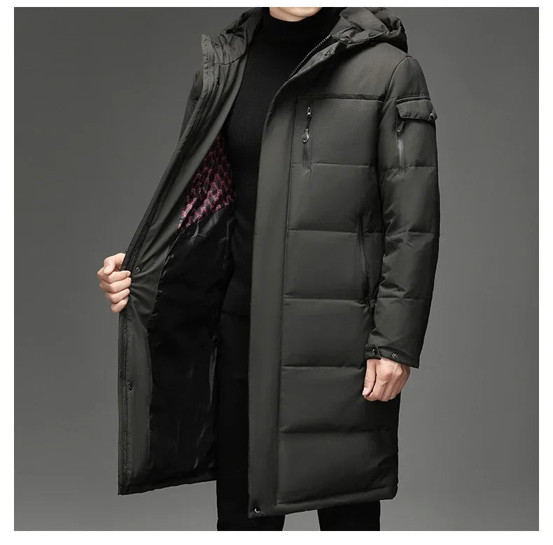 New Fashion Men 90% White Duck Down Hooded Jackets Men's Winter Thick Warm Waterproof Parka Overcoat Down Jackets Long Parka 5XL