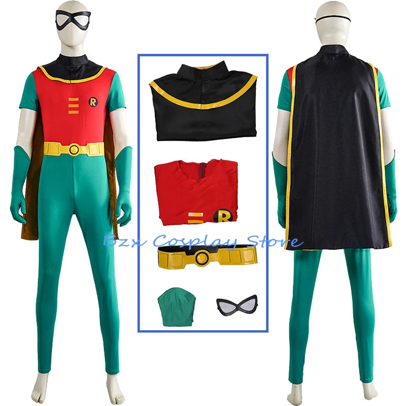 Film Fantasy Robin Cosplay Costume Adult Men Green Jumpsuit Cloak Belt Gloves Eyemask Suit Halloween Party Hero Robin Outfits
