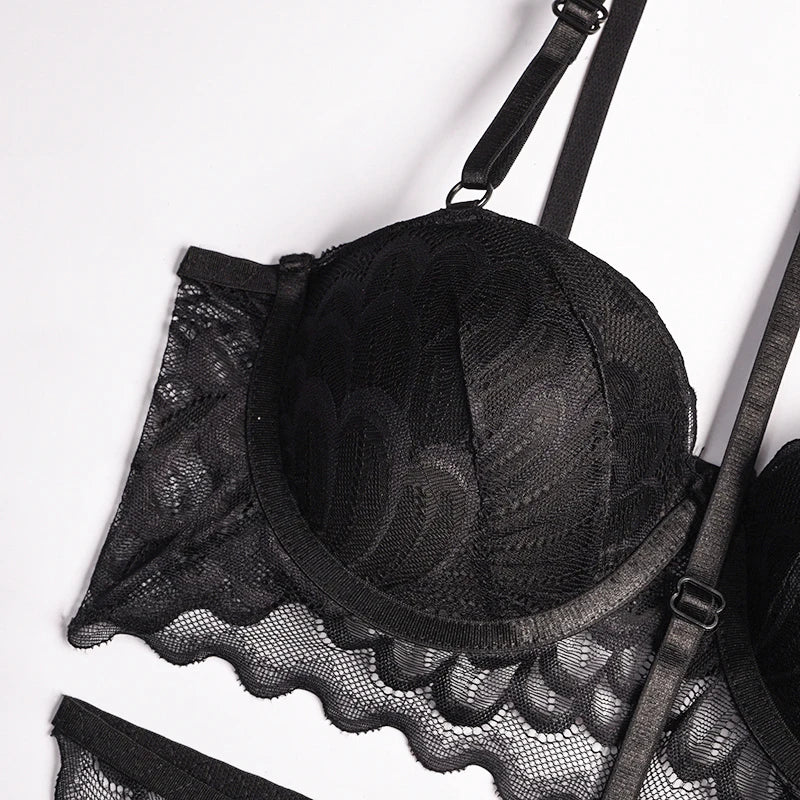 Erotic Lingerie Sets For Women Lace Garters Transparent Bra And Panty Set Female Porno Costumes Deep V Halter Sexy Underwear Set