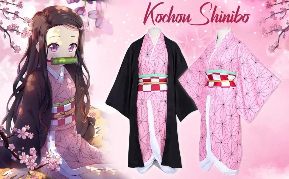 Anime Cosplay Kimetsu No Yaiba Kamado Nezuko Costume Kimono Demon Slayer Cosplay Wigs Hairs Halloween Carnival Women Outfit