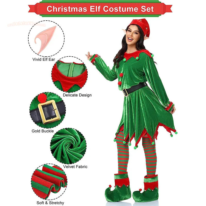 2025 yiyi Adults Lady Christmas Elf Costume Fit Hooded Velvet Dress Festival Party Family Matching Outfits New Year Cosplay Clot