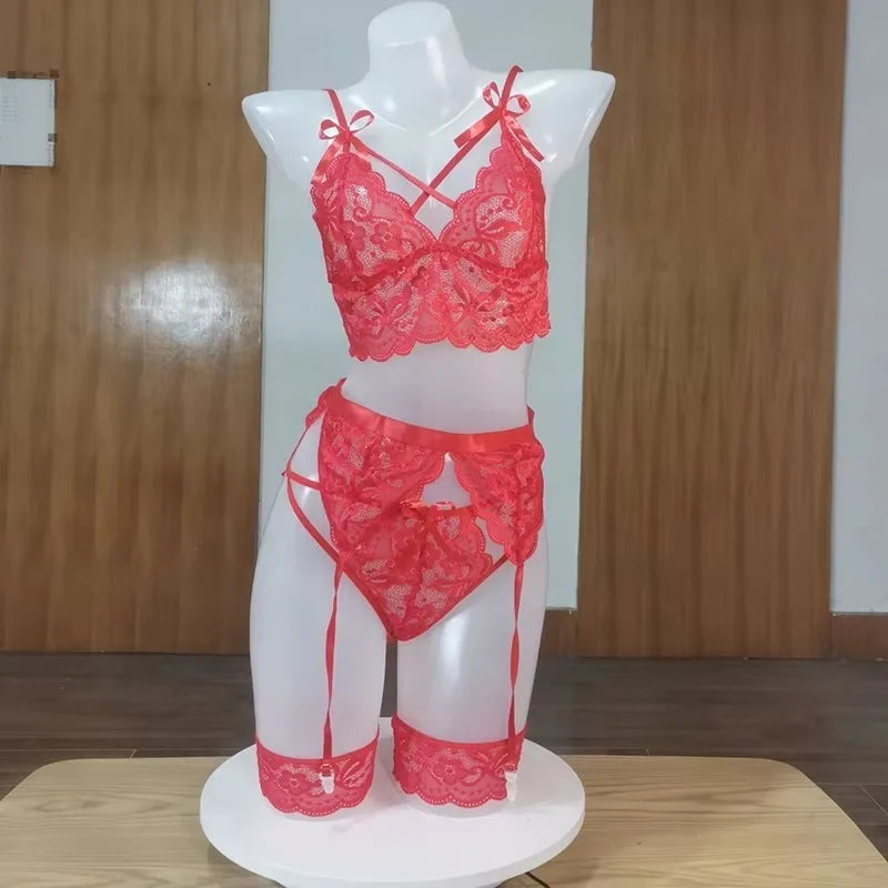 Sexy Erotic Lingerie Women Bra and Panty Garters 3pcs See Through Lingerie Sets Sexy Women's Underwear Set Porn Sexy Lingerie