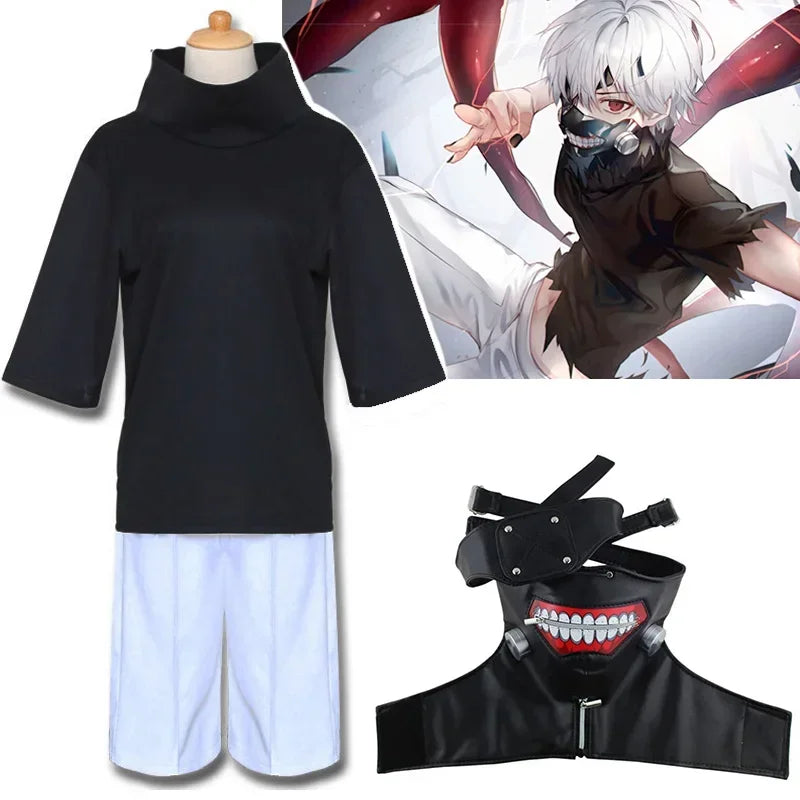 Anime Tokyo Ghoul Kaneki Ken Masker Cosplay Kostuum Shirt Short Tops Mannen Vrouwen Halloween Party Outfit