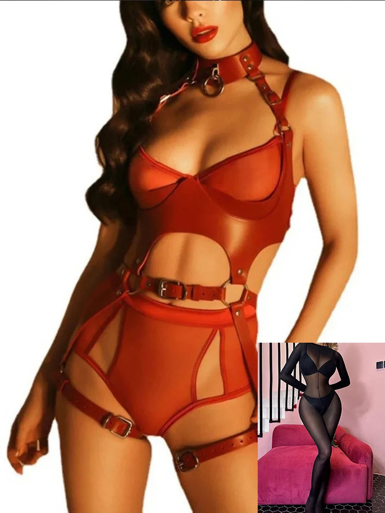 Sexy Bondage Lingerie Outfit Leather with Bodystockings BDSM Adjustable Garter Full Body Harness Gothic Sex Product Erotic Set