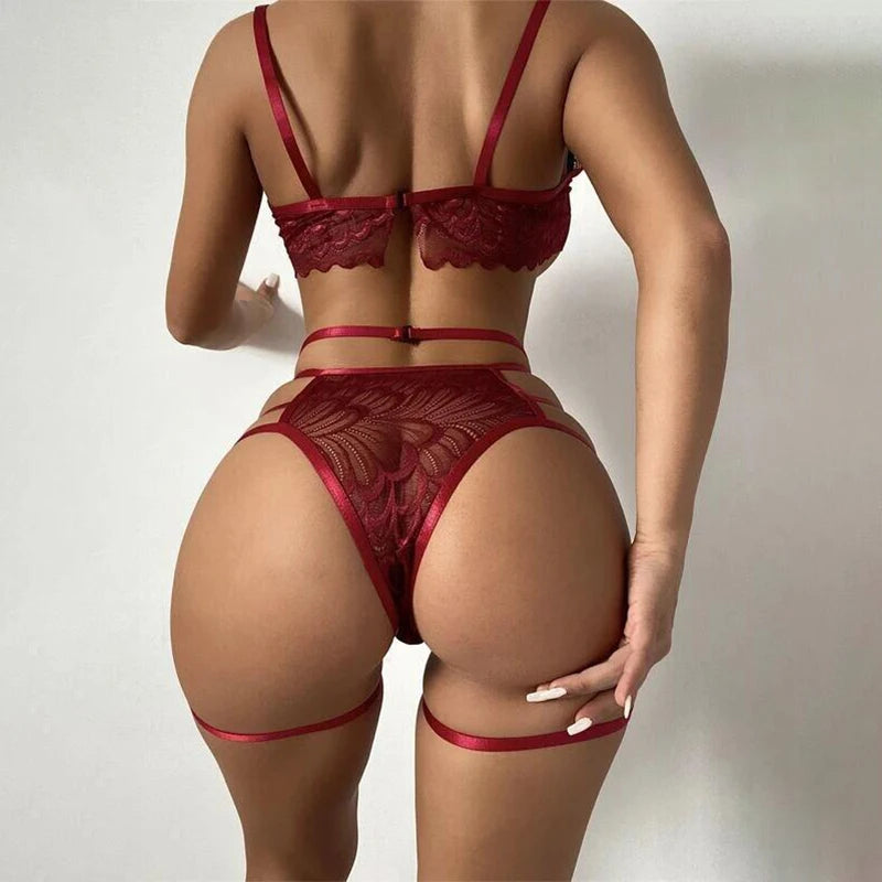 Erotic Lingerie Sets For Women Lace Garters Transparent Bra And Panty Set Female Porno Costumes Deep V Halter Sexy Underwear Set