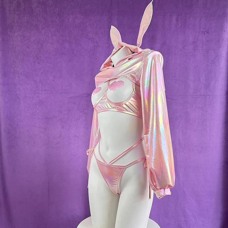 Anime Bunny Girl Cosplay Costume Women Laser Leather Sexy Lingerie Rabbit Maid Uniform Underwear Suit Halloween Carnival Clothes