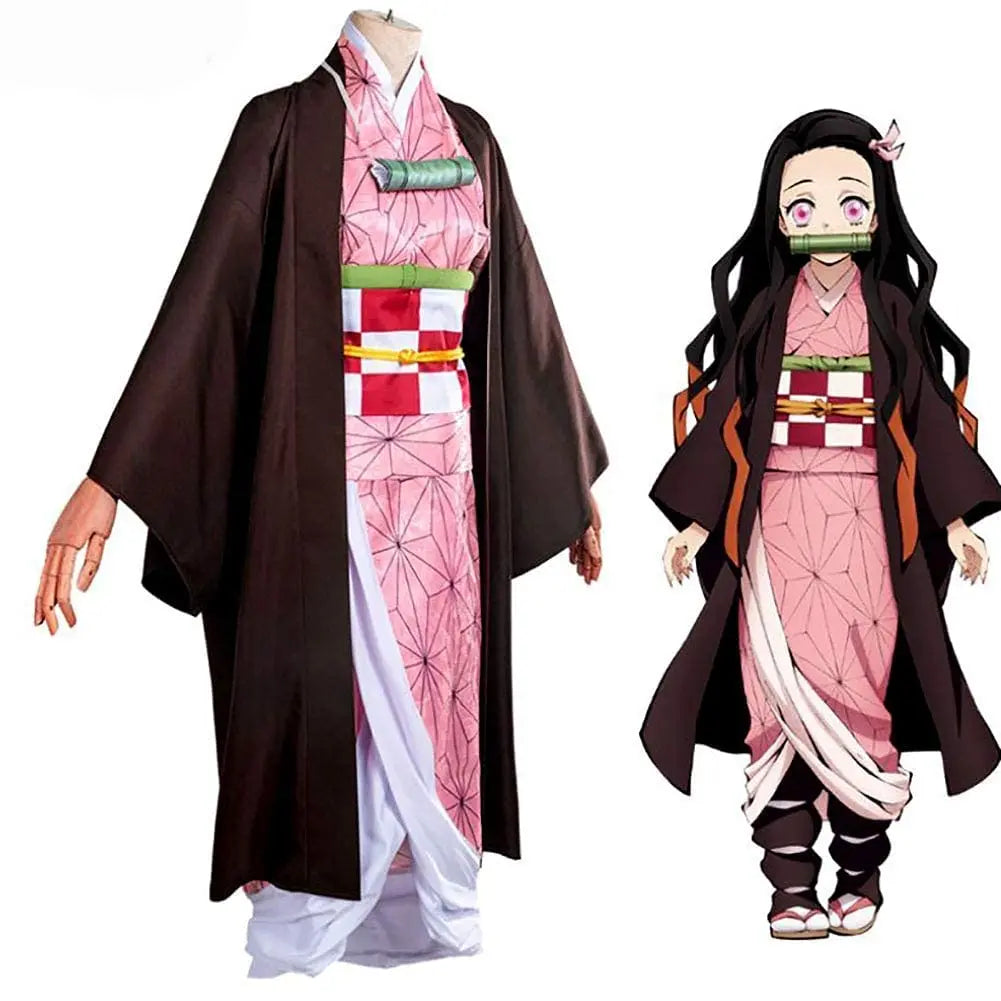 Anime Demon Slayer Kamado Nezuko Cosplay Costume Kimono Kimetsu No Yaiba Cosplay Wigs Hairs Halloween Carnival Women Outfit