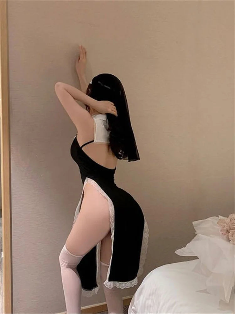 Hot Cosplay Nun Sister Costumes For Women Sleeveless Crotchless Dress Cos Maid Uniform Nightgowns Girl Role Play Erotic Costume