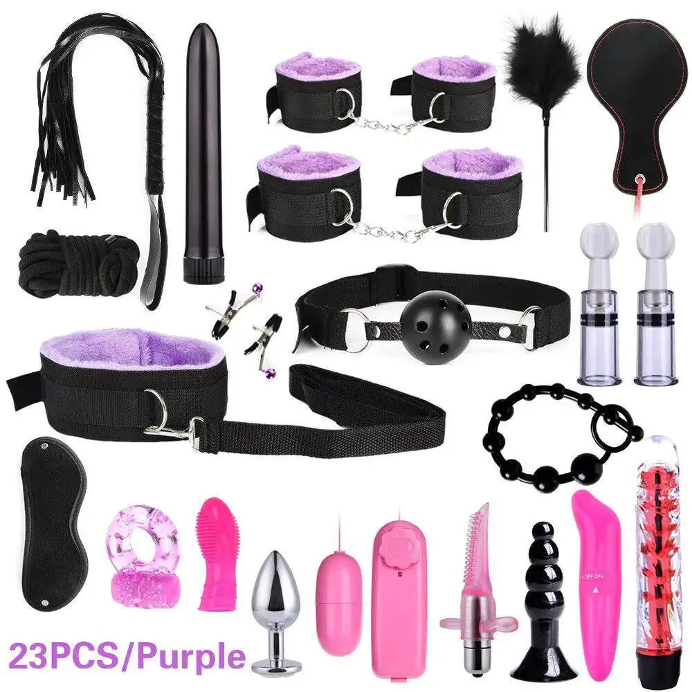 23Pcs Products Exotic Accessories Erotic Bondage Set Handcuffs Nipple Clips Whip Rope BDSM Tube Female Sex Toys %