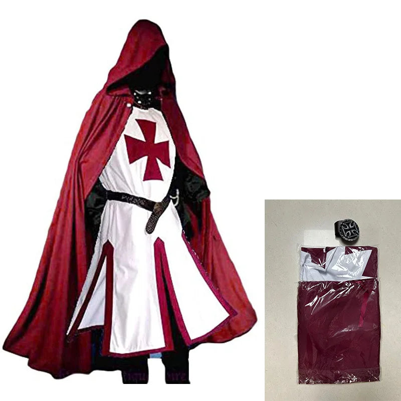 Mens Medieval Crusader Knights Templar Tunic Costumes Renaissance Halloween Surcoat Warrior Black Plague Cloak Cosplay Top S-3XL