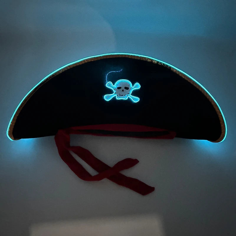 LED Pirate Hat Pirate Theme Holiday Cosplay Pirate Costume Decorations Glowing Captain Hat Colonial Tricorn Hat Woman Skull Hat