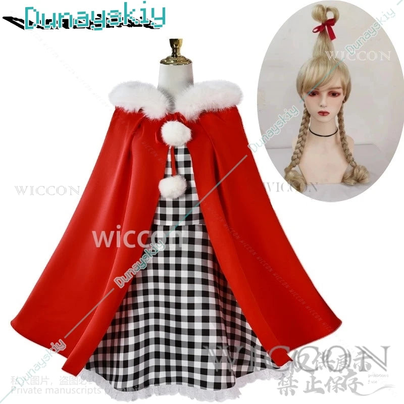 Anime Cindy Lou Cosplay Costume Cindy Plaid Dress Red Cloak Outfit Blond Wig Women Kids Halloween Suit Christmas Gift Customized