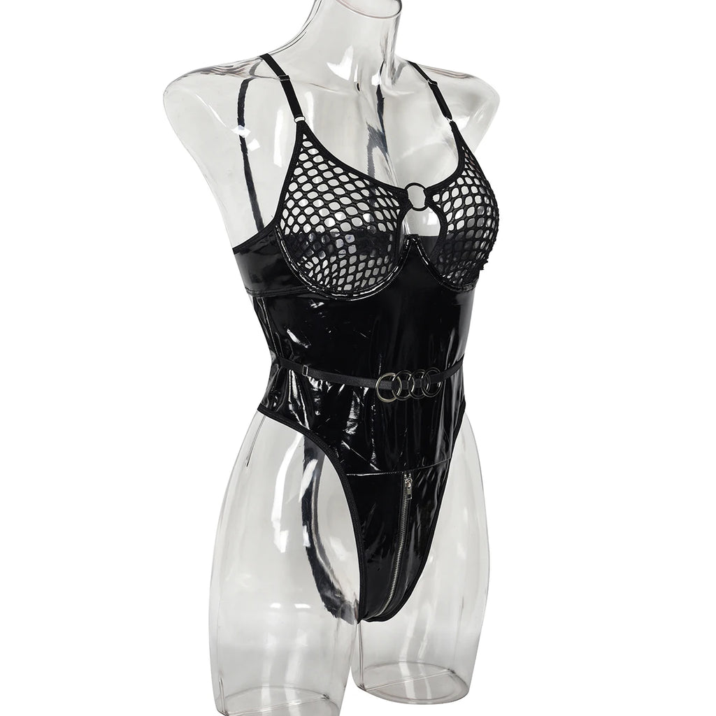 2024 Sexy Erotic Lingerie Set Corset Woman  Leather Bodysuit Zipper Open Crotch Rompers Mesh Sheer Hollow Out Female Underwear