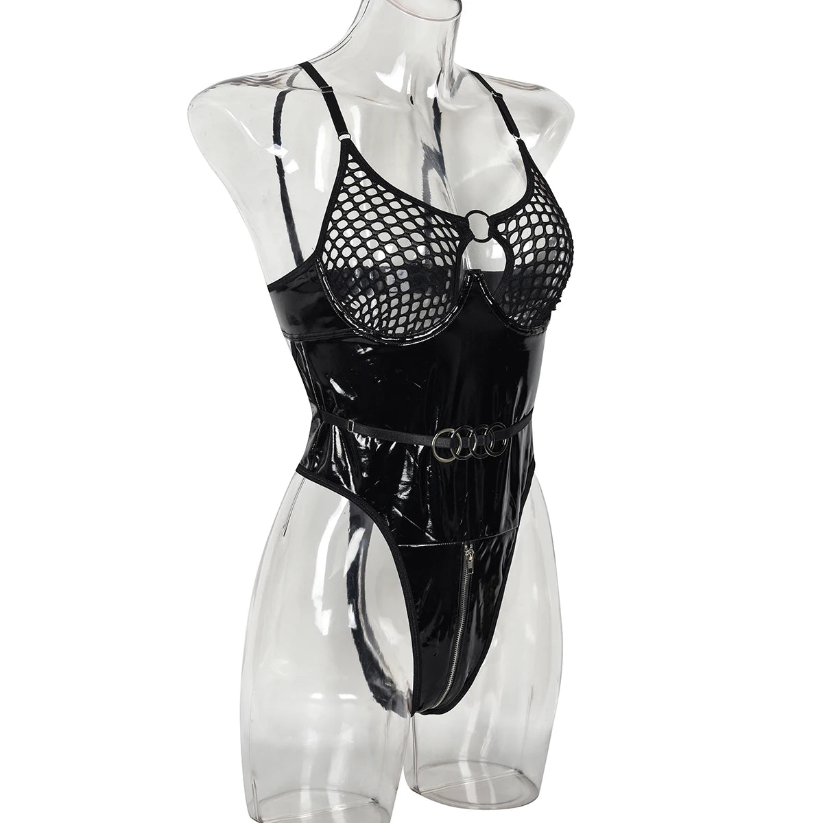 2024 Sexy Erotic Lingerie Set Corset Woman  Leather Bodysuit Zipper Open Crotch Rompers Mesh Sheer Hollow Out Female Underwear