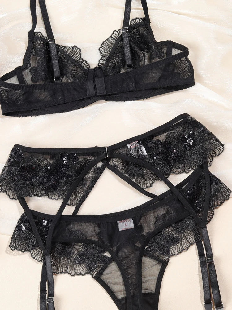 Sexy Lingerie For Women Lace Garter Lingerie Set Floral Lace Erotic Bra Set Brief Panty Push Up Sexy Nighty Erotic Underwear Set