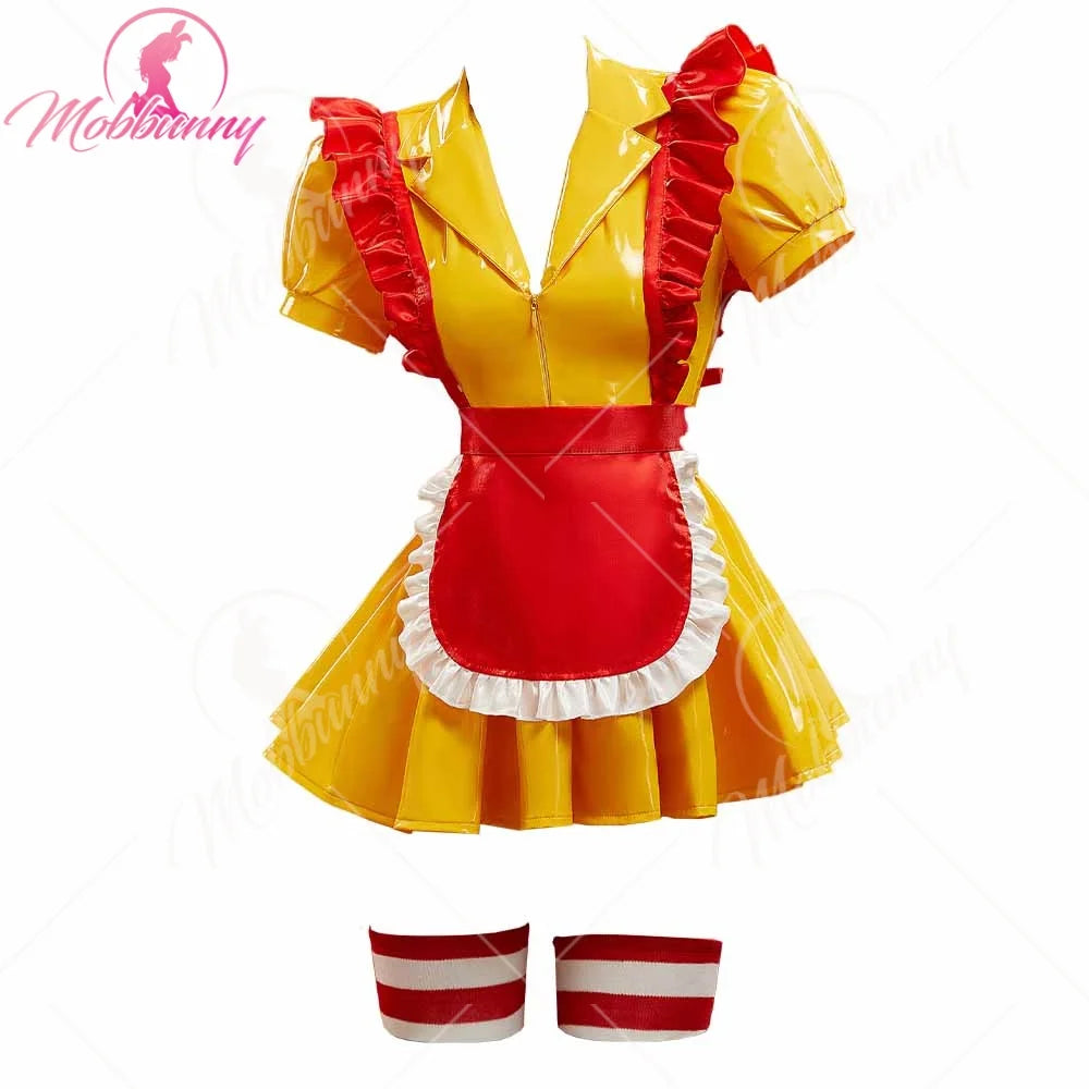 Mobbunny Women's Sexy Lingerie Maid Uniform Set Waitress Yellow Dress with Red Apron and Hat Halloween Cosplay Costume