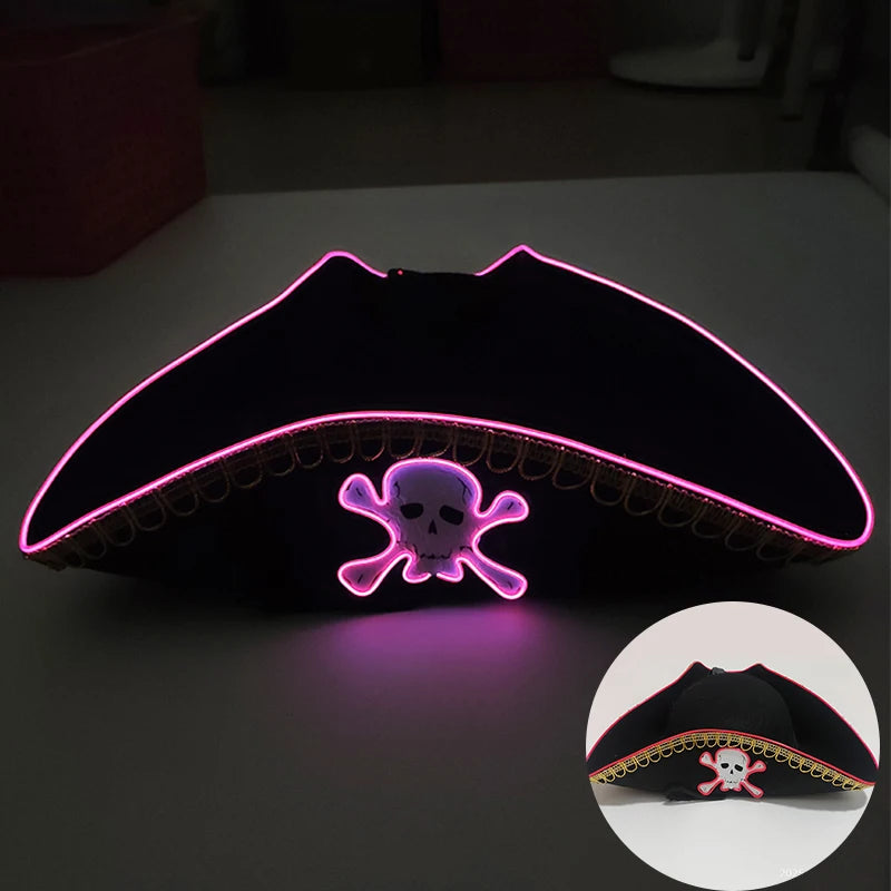 LED Pirate Hat Pirate Theme Holiday Cosplay Pirate Costume Decorations Glowing Captain Hat Colonial Tricorn Hat Woman Skull Hat
