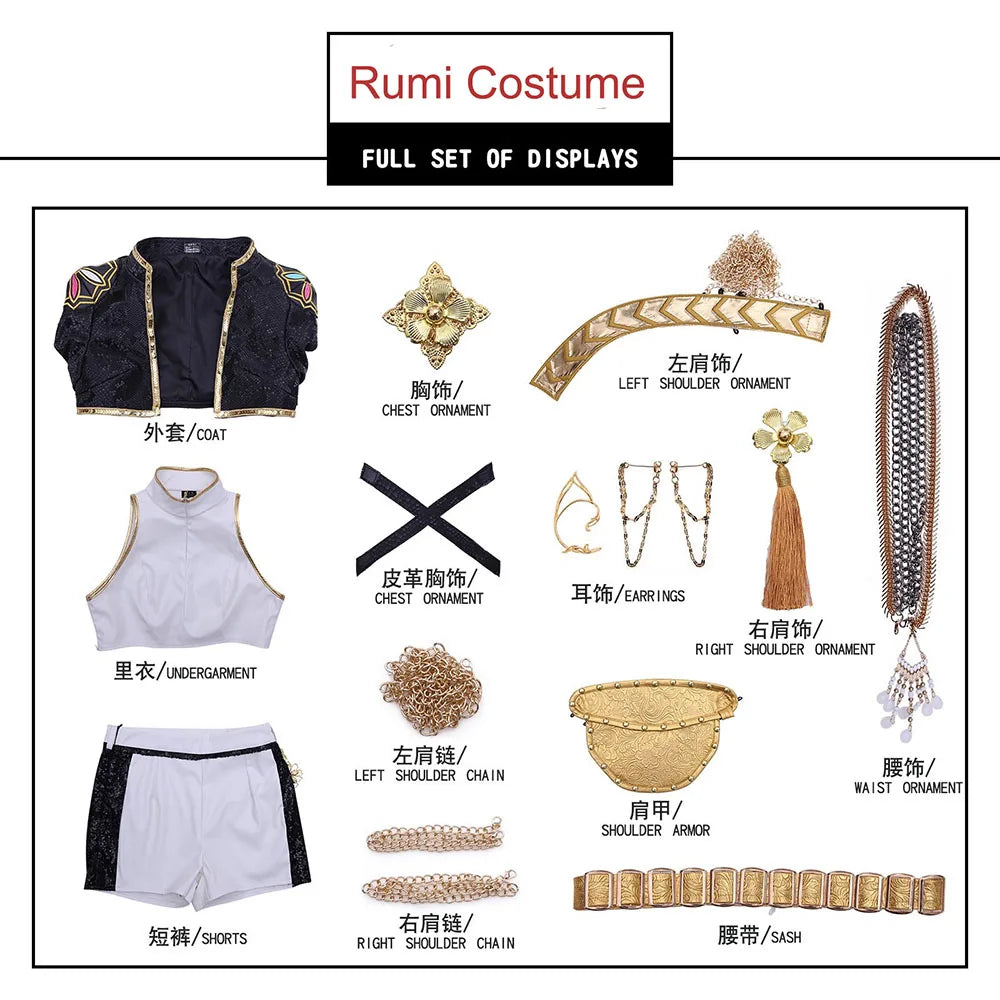 Rumi Zoey Mira Cosplay Clothes Hunters Cosplay Costume Black Golden Suit Halloween Huntrix Role Playing Outfit