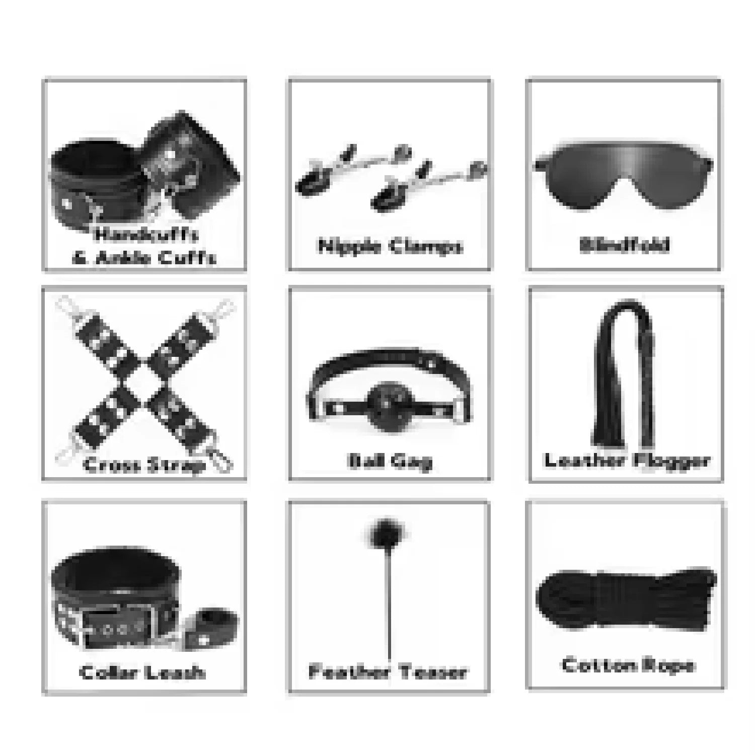 BDSM Sex Toys Bondage Restraints Set include Leather Ankle Handcuffs Whips Tickler Mouth Gag Cotton Rope Collar for Women Couple