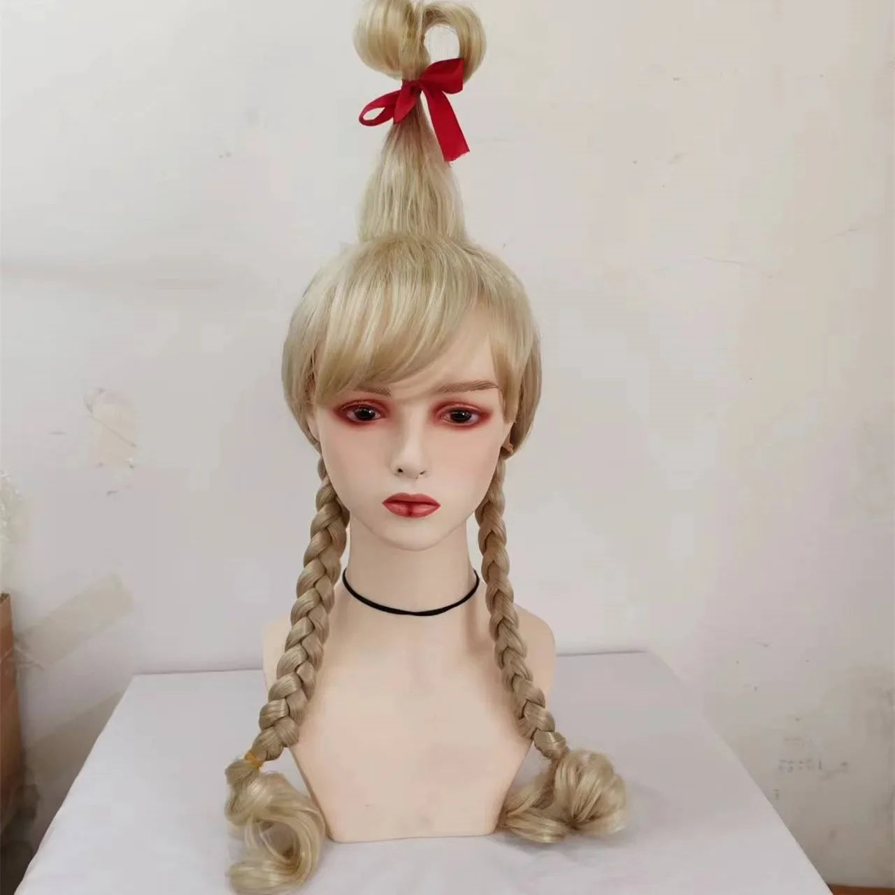 Cindy Lou Who Movie Cosplay Wig with Red Bow For Women Lou Heat Resistant Synthetic Hair Who Wig Christmas Party Wig Gift
