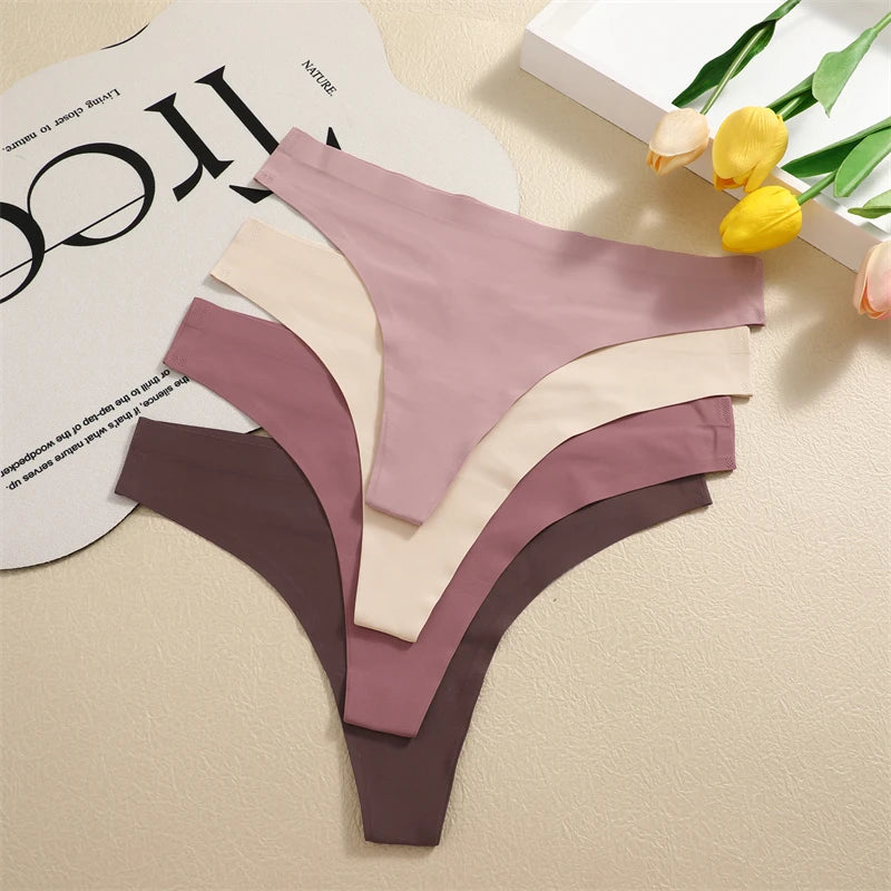 4PCS Ultra-thin Seamless Underwear Women's Invisible Panties Sexy Ice Silk Thongs Low Waist Breathable Bikini Stretchy Lingerie
