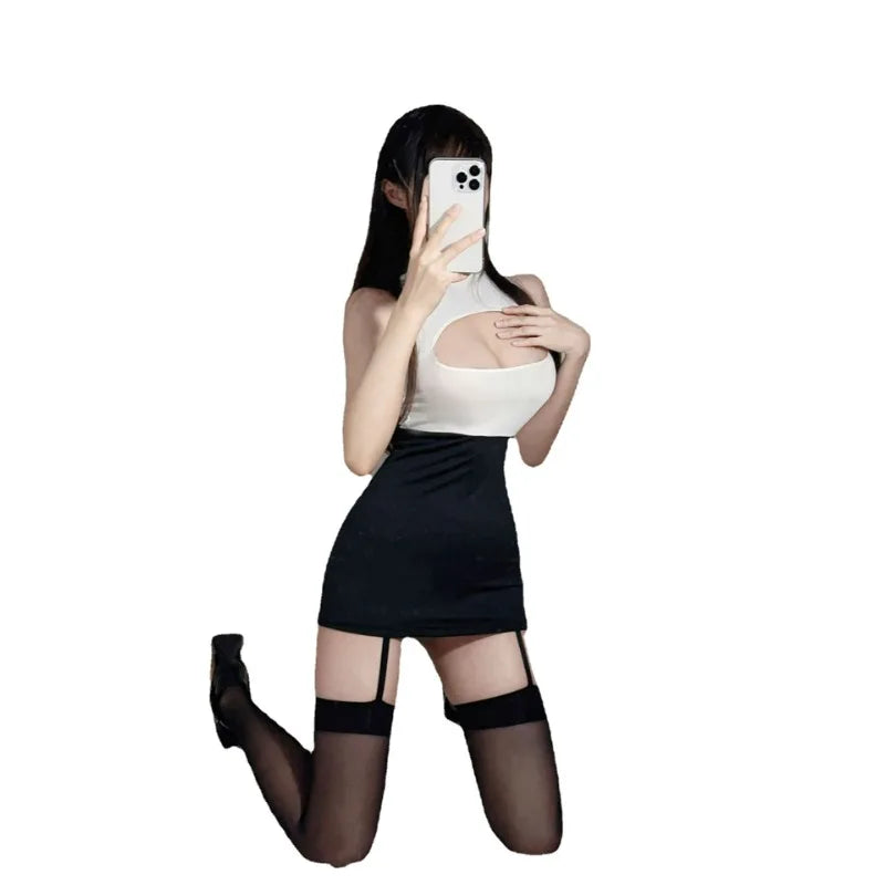 White Sexy Cosplay Office Lady Micro MINI Dress Women Sexy Lingerie Stewardess Outfit Secretary Open Chest Dress  Sexy Costume
