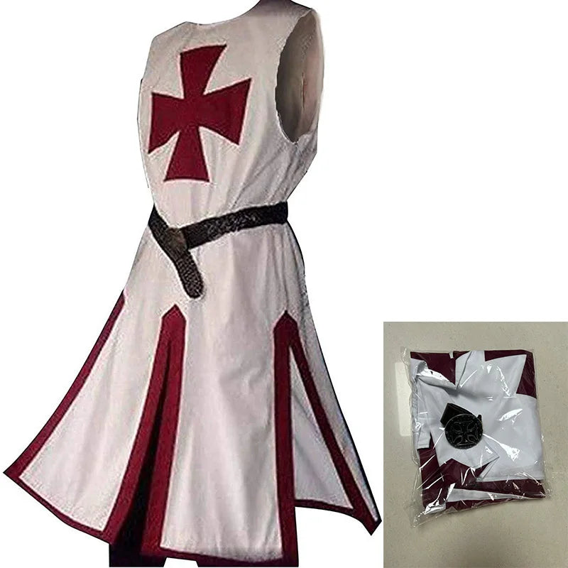 Mens Medieval Crusader Knights Templar Tunic Costumes Renaissance Halloween Surcoat Warrior Black Plague Cloak Cosplay Top S-3XL