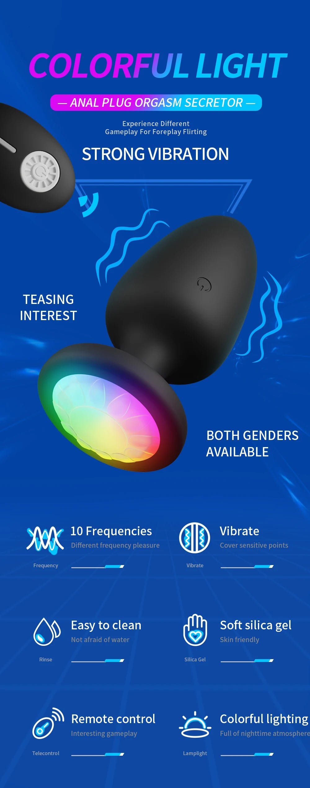 LED Colorful Light Butt Plug for Women Men Anal Plug Vibrator Prostate Massager Adults Sex Toys Wireless Remote Control Buttplug