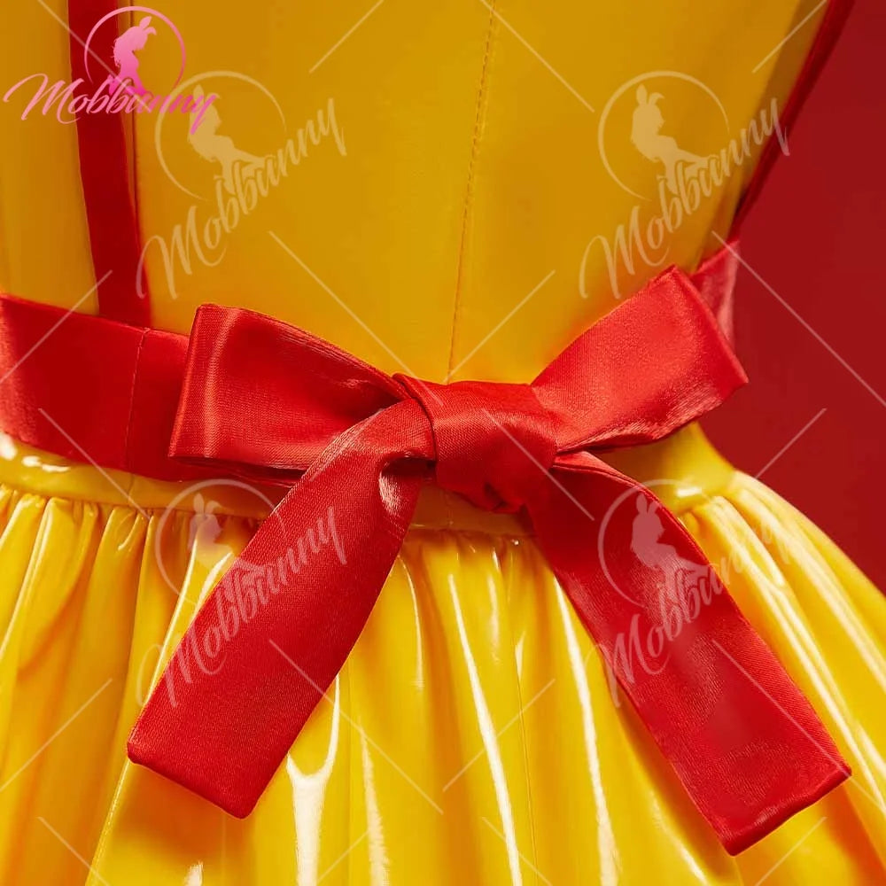 Mobbunny Women's Sexy Lingerie Maid Uniform Set Waitress Yellow Dress with Red Apron and Hat Halloween Cosplay Costume